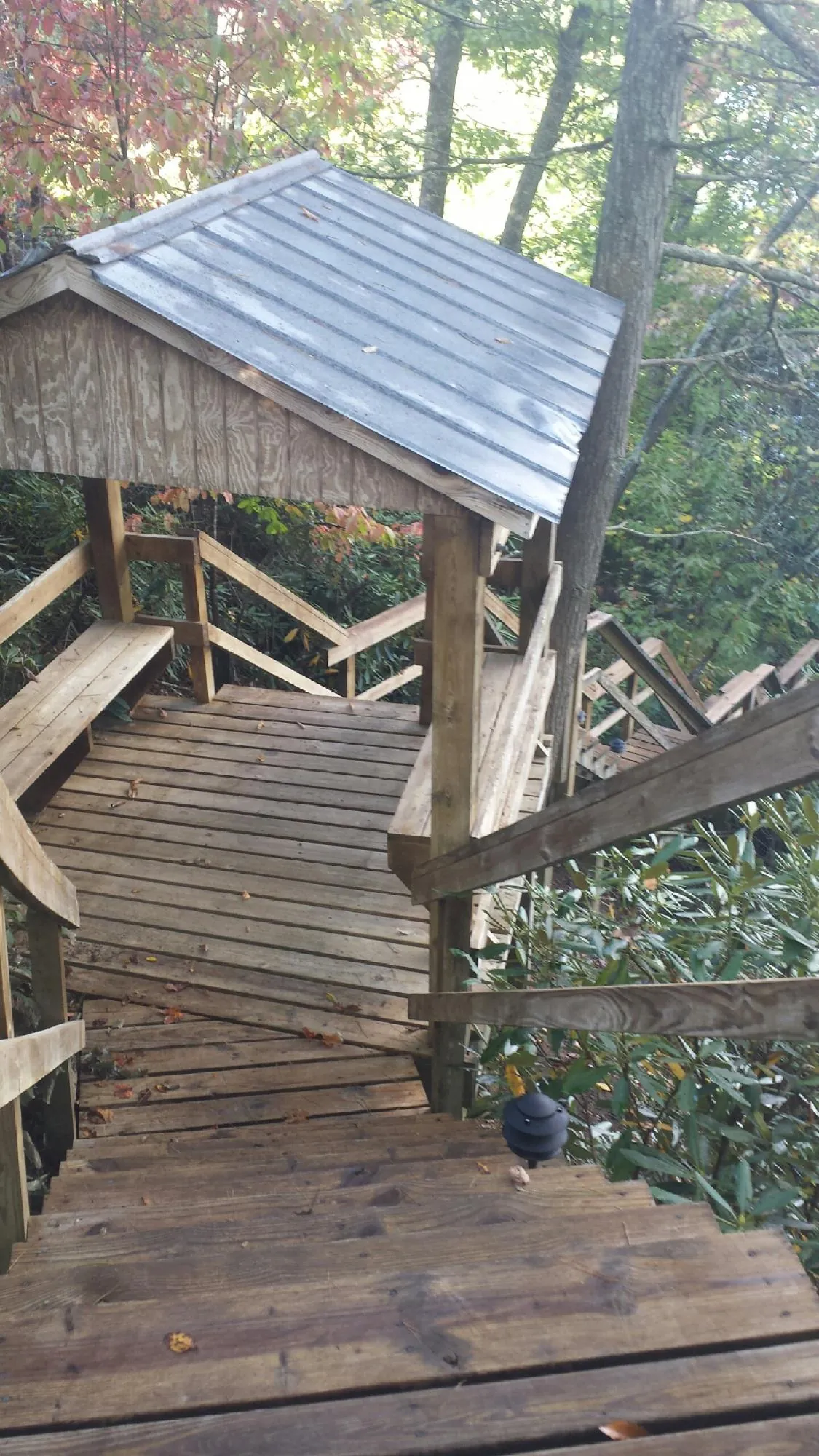 Metal roofed shelter over wooden steps on a wooded walkway — Skylight Repair & Installation work by our crew in Horse Shoe